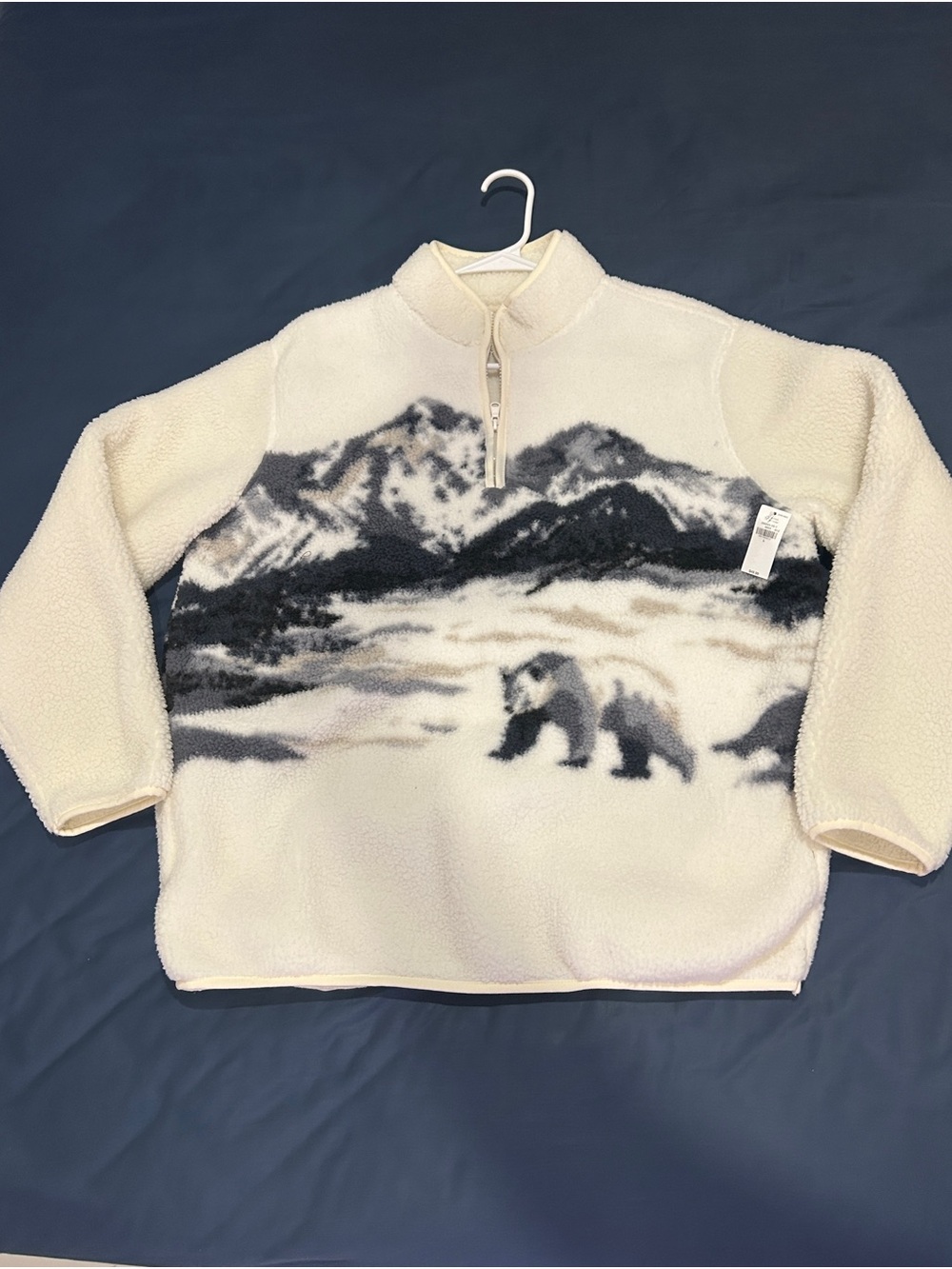 Old Navy Cream Sherpa Zip-Up Sweater with Mountain & Bear Motif